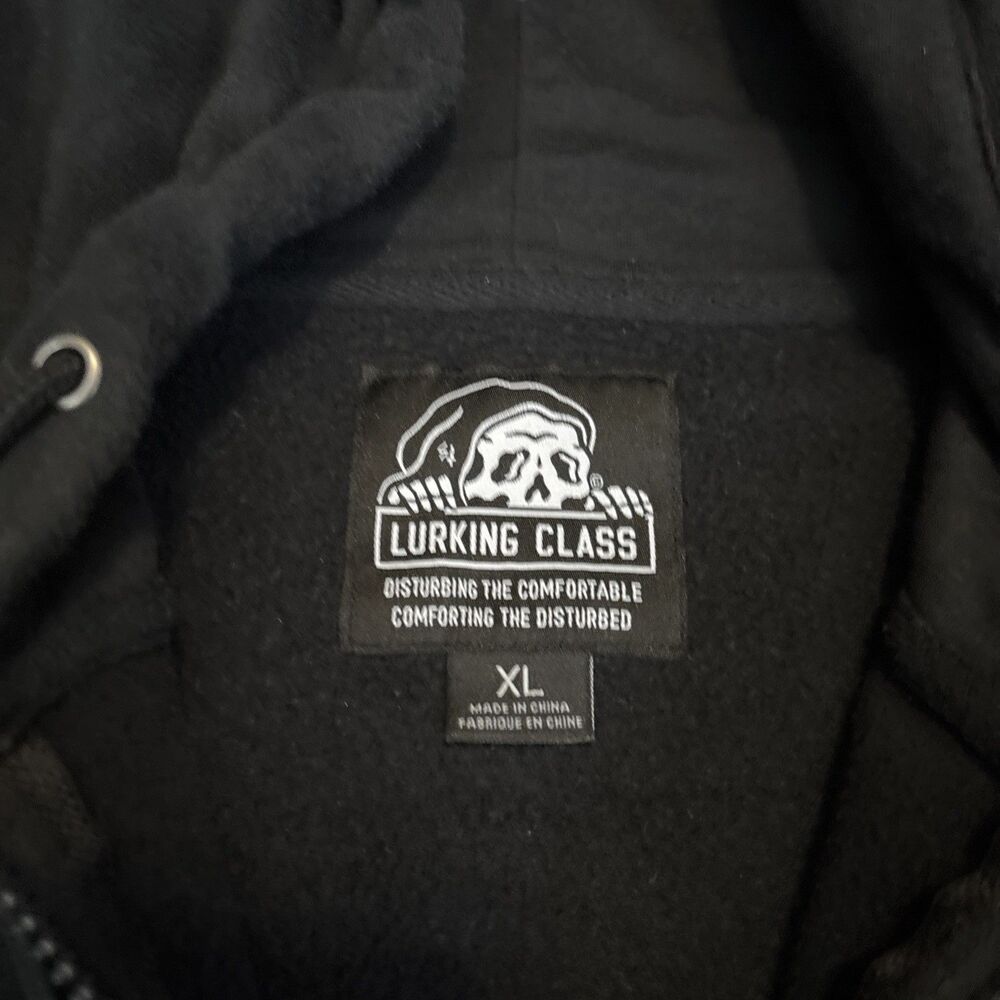 Vintage Lurking Class Full Zip Hoodie Men XL Flames + Skulls Black White - Picture 9 of 12